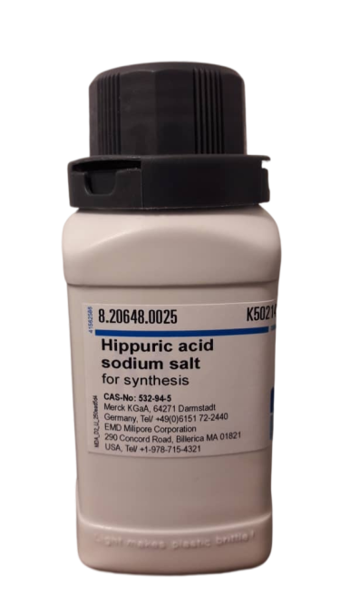  هیپوریک اسید سدیم سالت (هیپوریک نمک)Hippuric acid sodium saltکد:820648CAS:532-94-5فرمول:C9H8NNaO3مترادف:Sodium hippurateN-Benzoylglycine sodium saltجرم مولی:201.16 g/molفرم ماده:پودرسفیدحلالیت در آب محلول در آب 